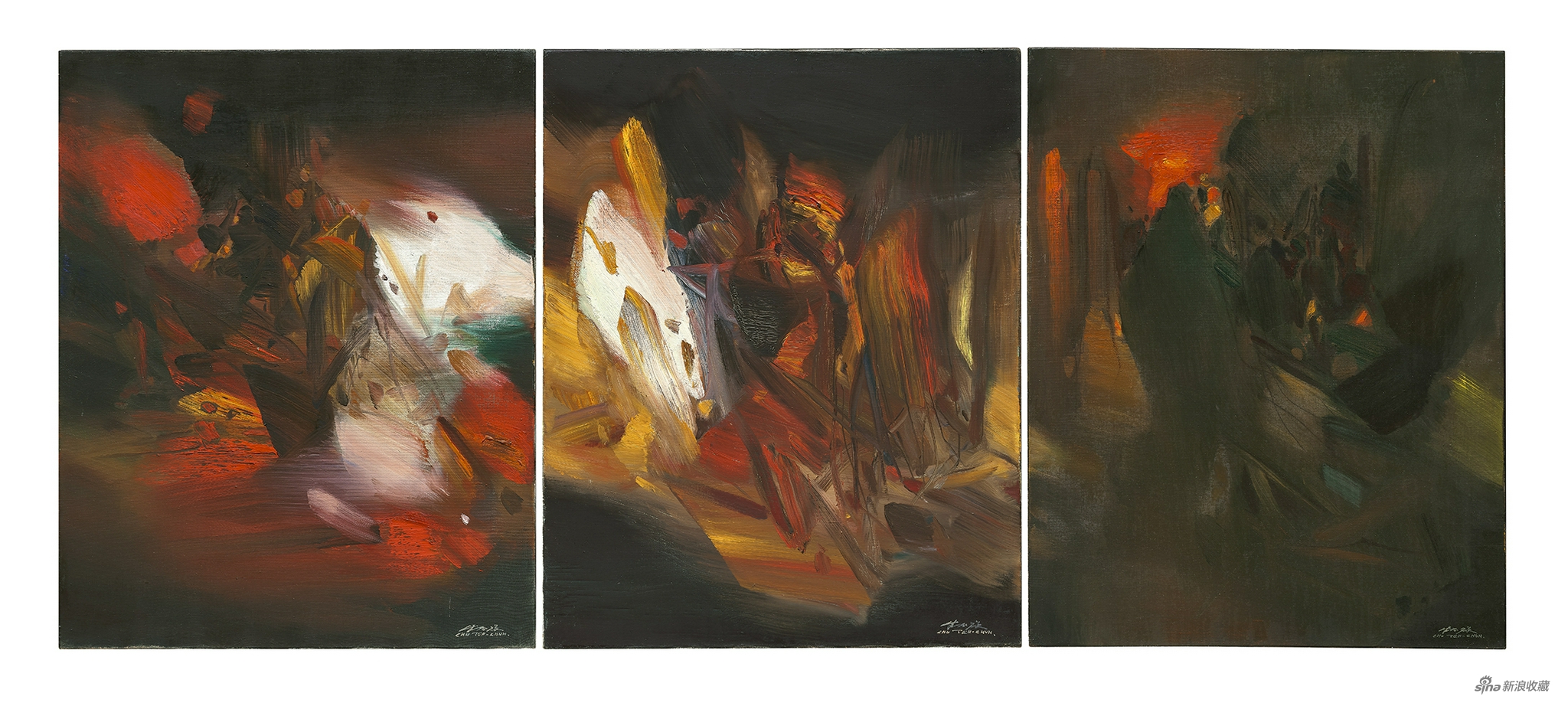朱德群《旭日千里》 1979年作 油彩 画布（三联作），每联81 x 65 cm，全长81 x 195 cm
