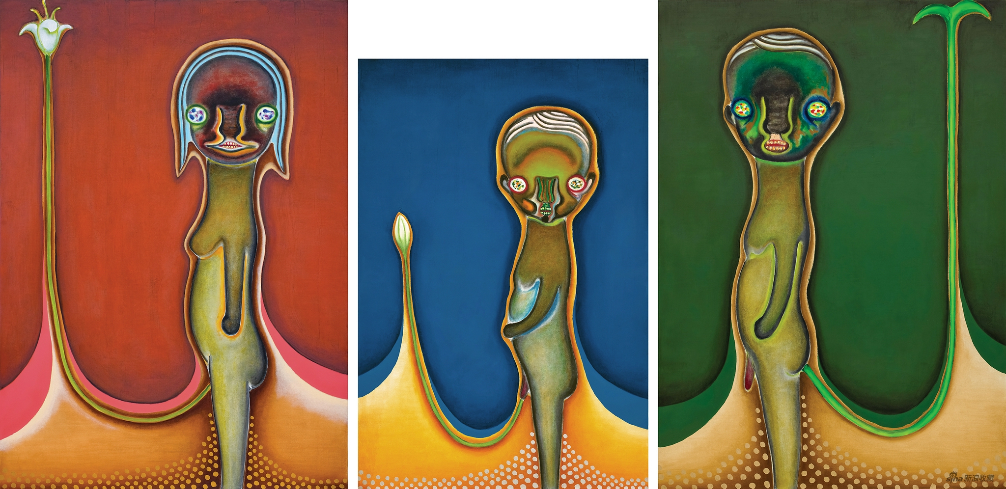 加藤泉《无题》 2003年作，油彩 画布（三联屏），227.3 x 162.1 cm； 194 x 130.3 cm； 227.3 x 162.1 cm