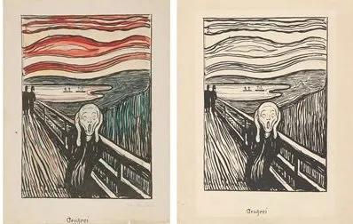  1895年的两幅石版画，左边为手工着色的版本。Photo ? Munchmuseet