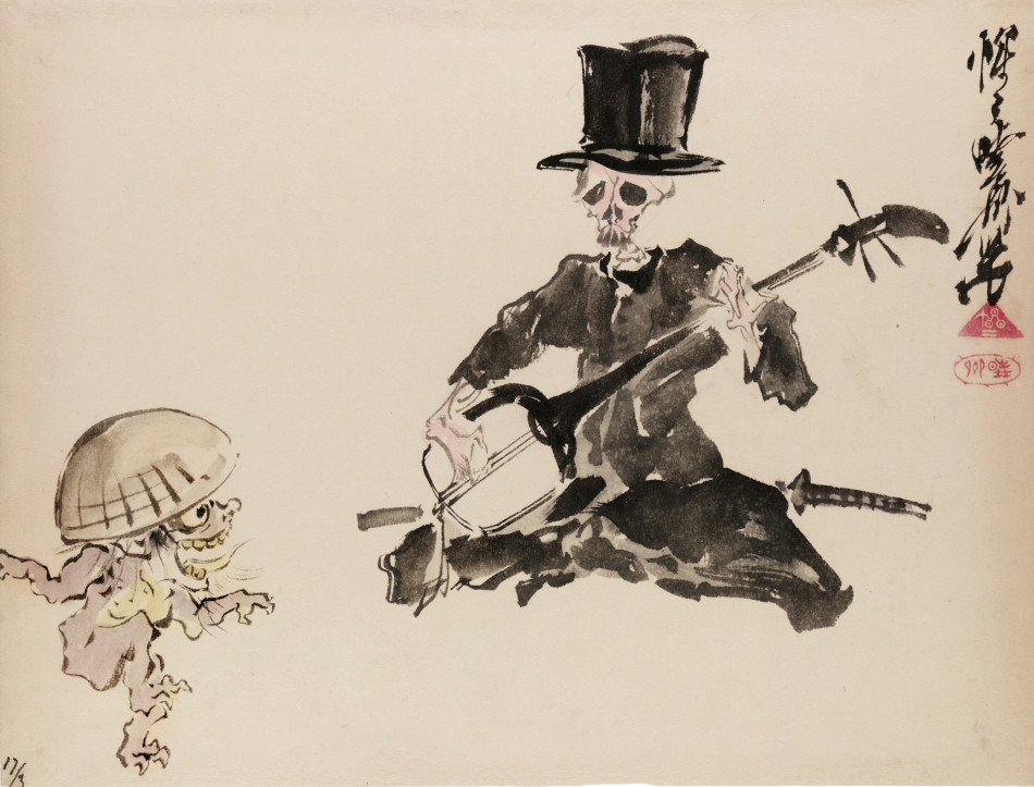 河锅晓斋，《戴着礼帽的骷髅演奏者与跳舞的怪物》，1871-1878