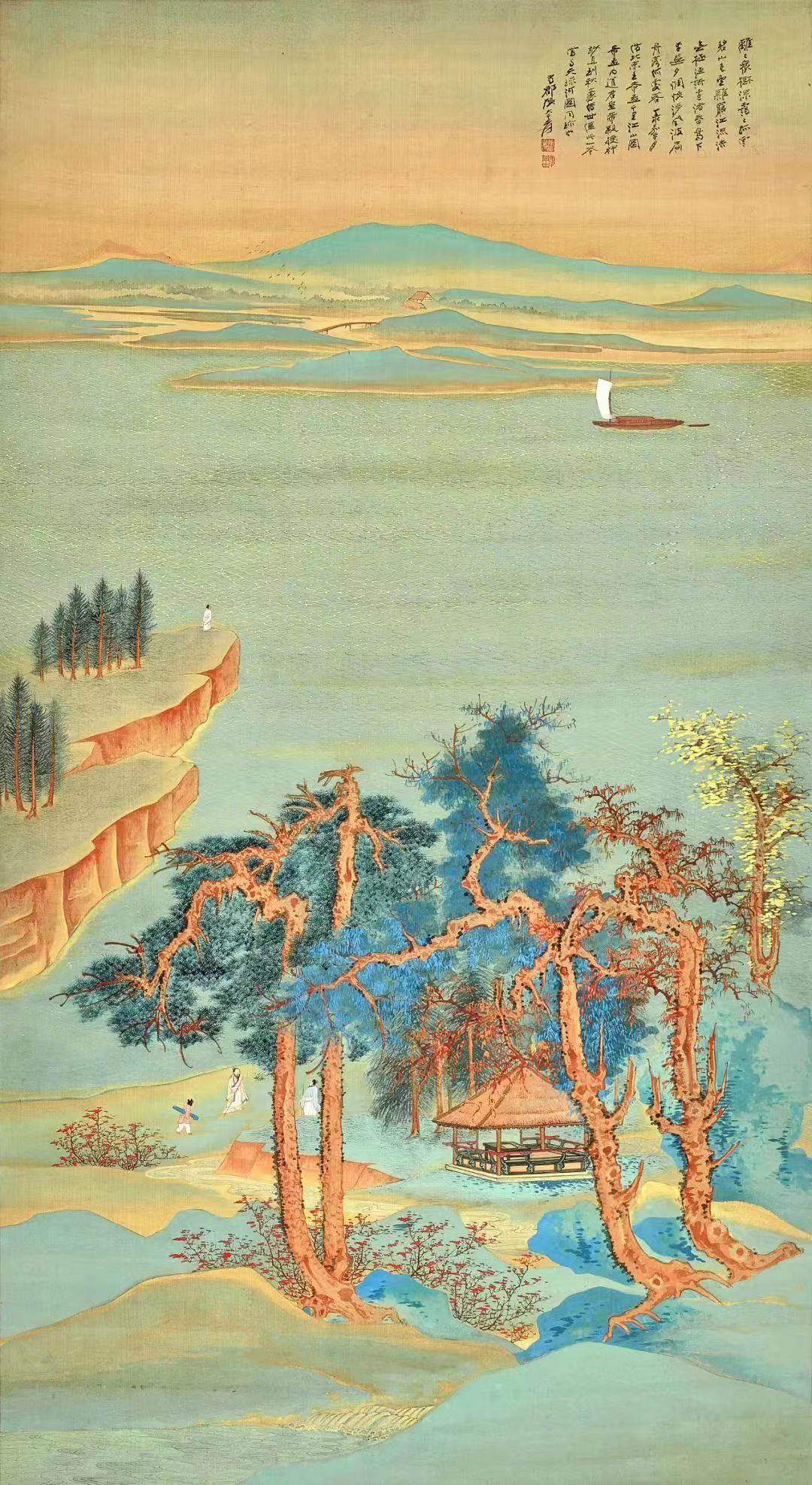 张大千仿王希孟《千里江山图》，1948年，3.7亿港元成交，刷新了张大千拍卖最高价纪录。