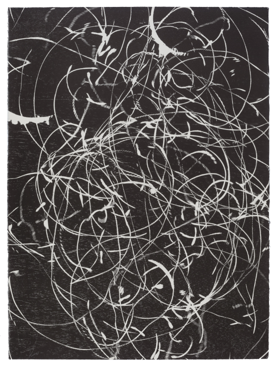 《时间与虫洞》，黑白木刻，56 × 76 cm，2019