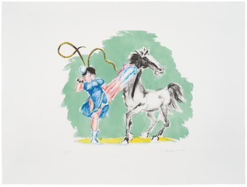 《春丽踢死马》，石版套色，76 × 56 cm，2020