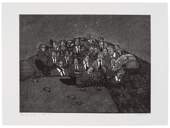 《戴口罩的病毒之二》，黑白木刻，76 × 56 cm，2020