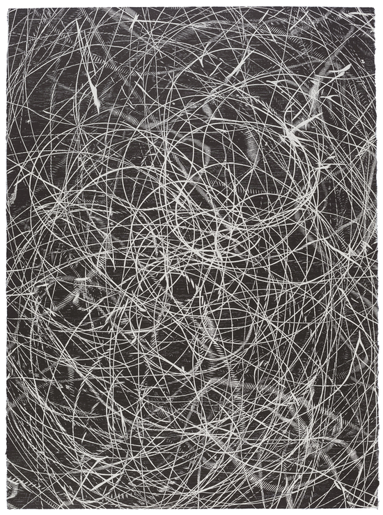  《时间与虫洞2》，黑白木刻，56 × 76 cm，2019